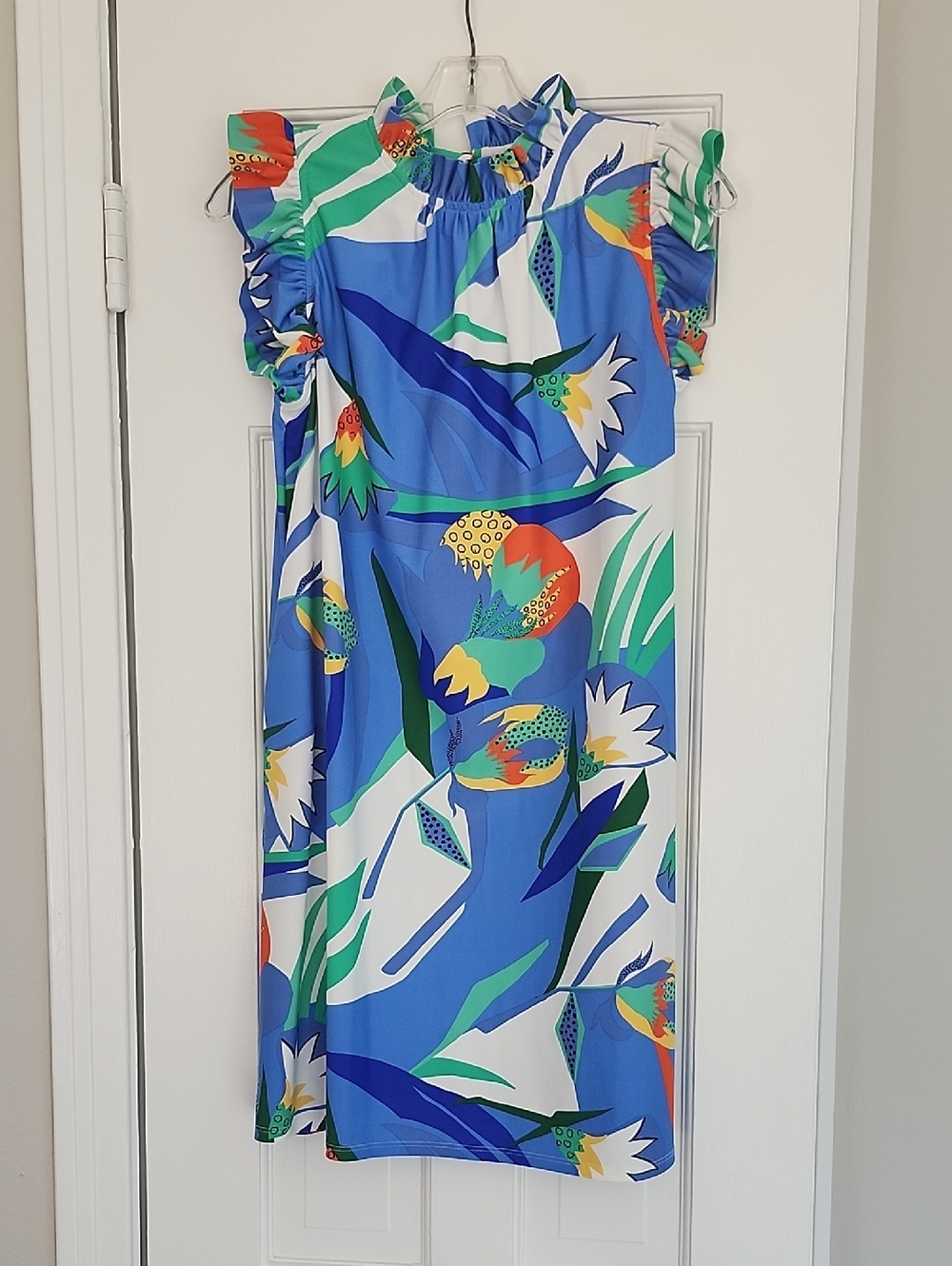 Jude Connally Vibrant Blue Tropical Print Ruffle-Sleeve Dress